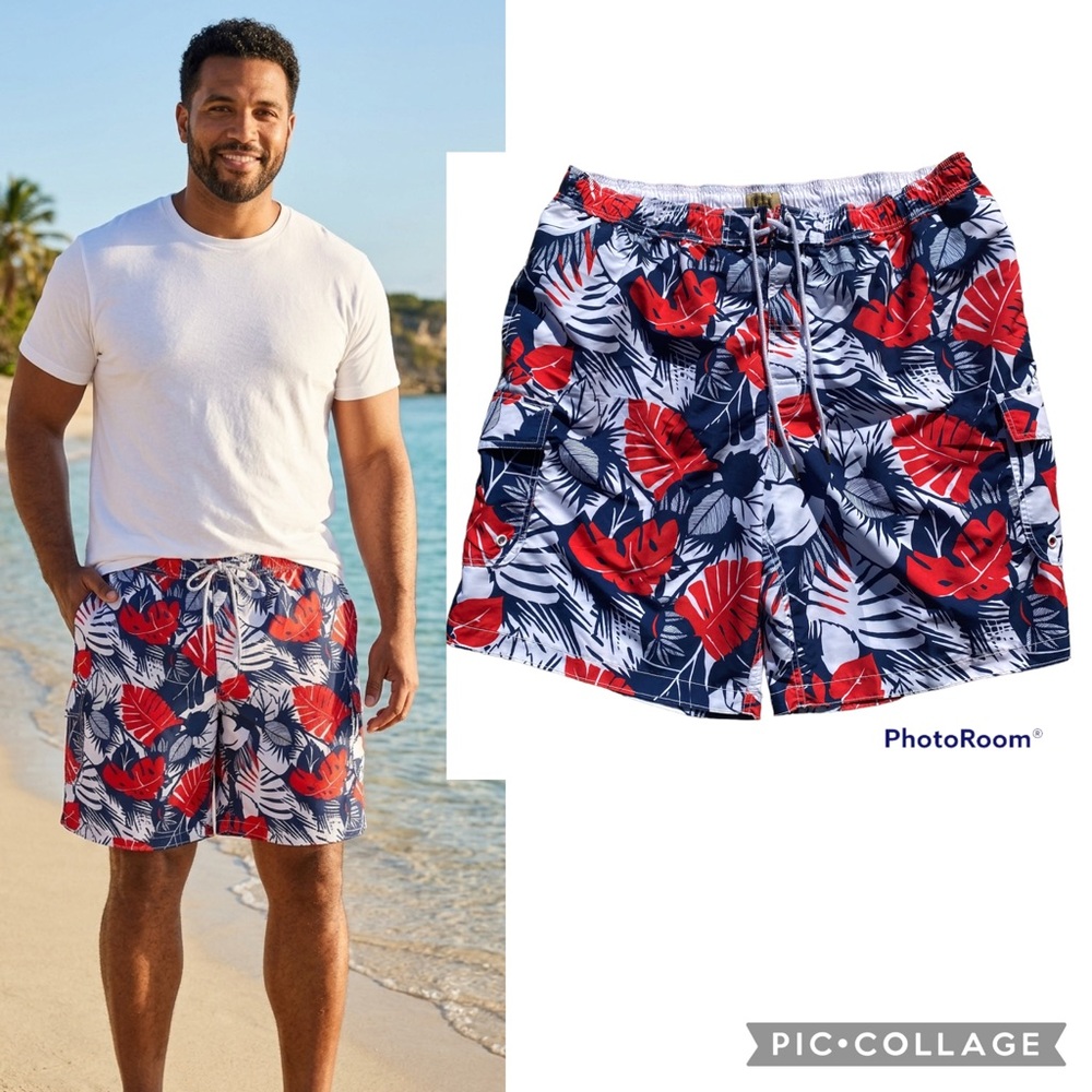 Foundry Red White Blue Swim Shorts Trunk Tropical Leaves Front Tie Elastic Waist